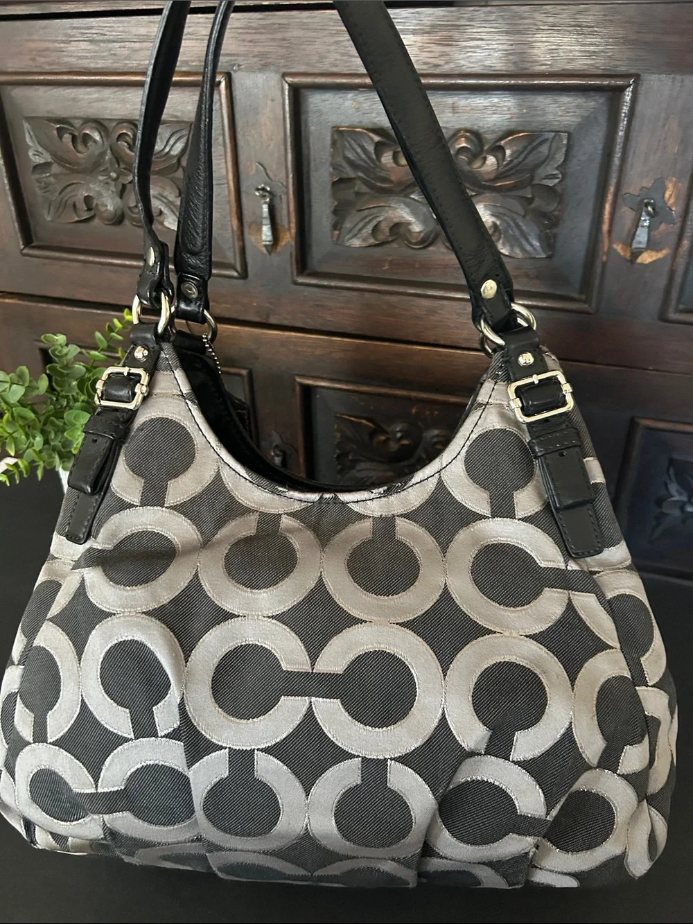 Coach Black & Gray Signature Canvas Shoulder Bag